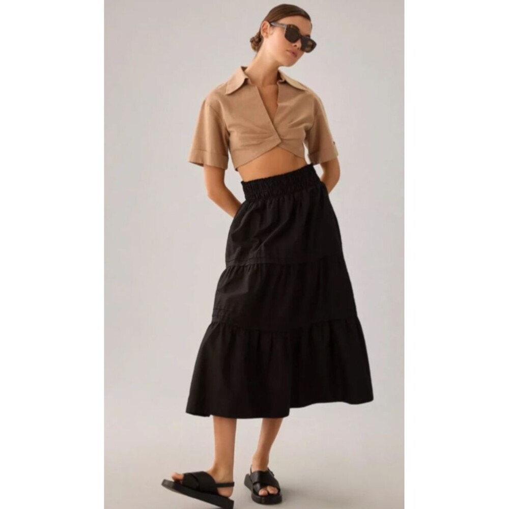 Anthropologie Maeve Women's Tiered Maxi Skirt size XS Black Pull On Cotton